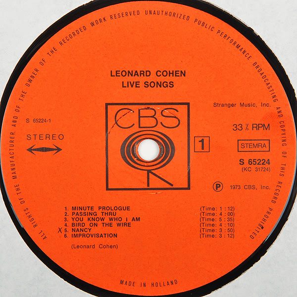 Leonard Cohen, Live Songs - LP