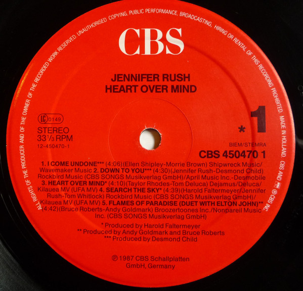Jennifer Rush, Heart Over Mind - LP