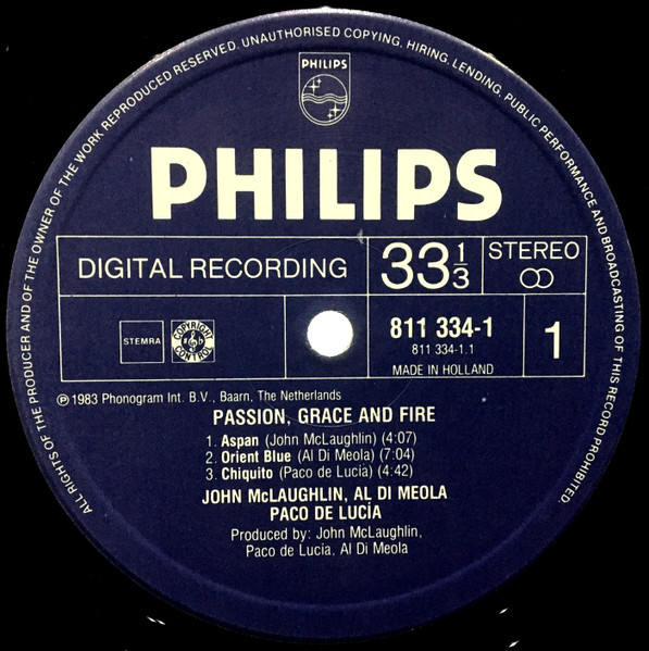 John McLaughlin, Al Di Meola, Paco De Lucía, Passion, Grace & Fire - LP