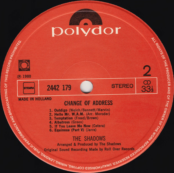The Shadows, Change Of Address - LP