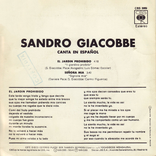 Sandro Giacobbe, Canta En Español El Jardin Prohibido - Singles