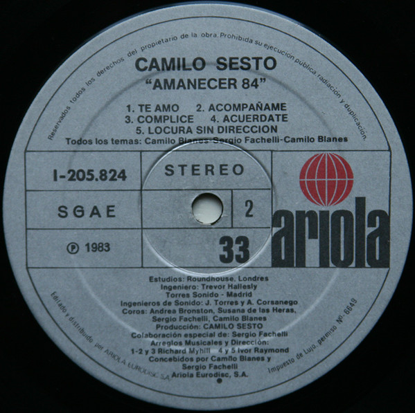 Camilo Sesto, Amanecer/84 - LP