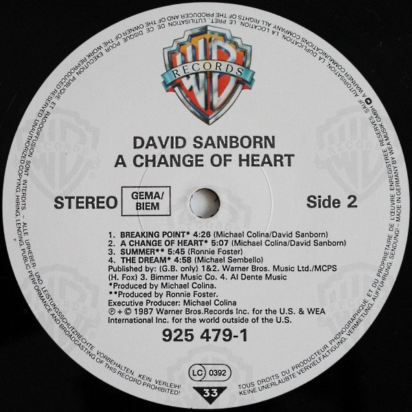 David Sanborn, A Change Of Heart - LP