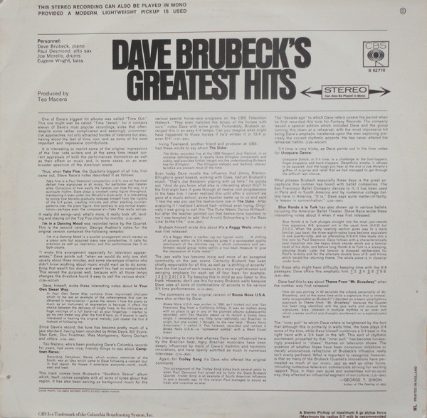 Dave Brubeck, Dave Brubeck's Greatest Hits - LP