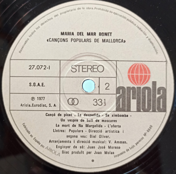 Maria Del Mar Bonet, Cançons De Festa - LP