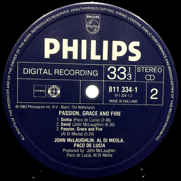 John McLaughlin, Al Di Meola, Paco De Lucía, Passion, Grace & Fire - LP