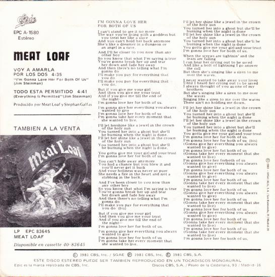 Meat Loaf, Voy A Amarla Por Los Dos = I'm Gonna Love Her For Both Of Us - Singles